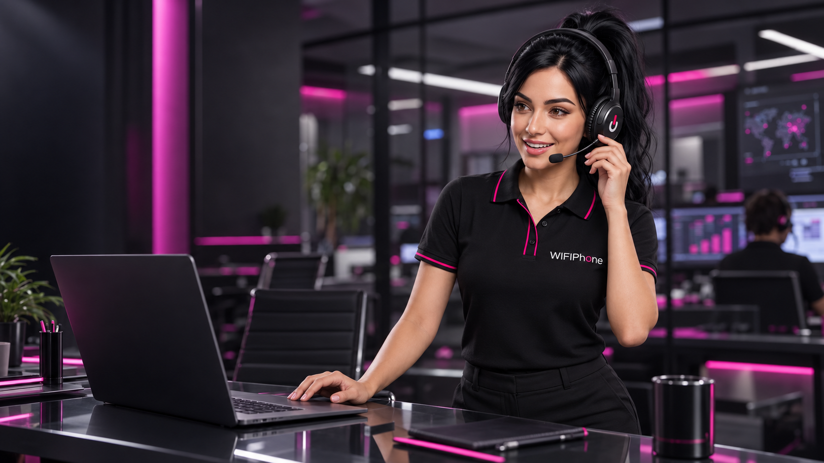 Paola IA, la inteligencia artificial de WIFIPHONE, atendiendo con auriculares