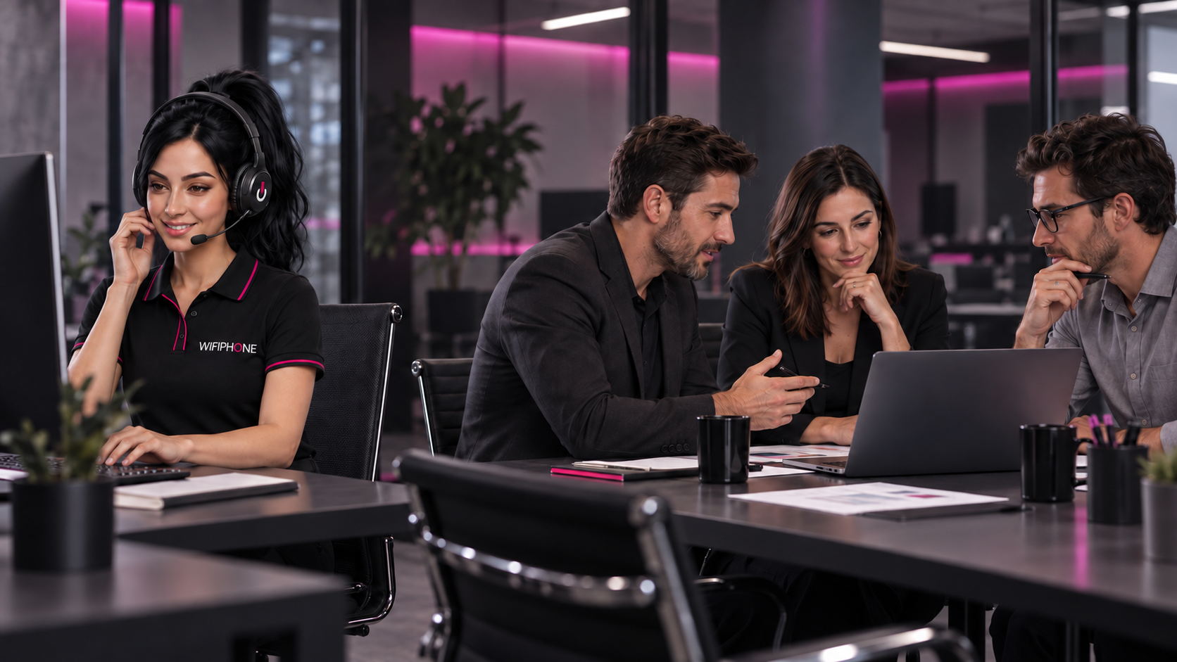 Equipo de WIFIPHONE trabajando con foco mientras Paola IA atiende las llamadas